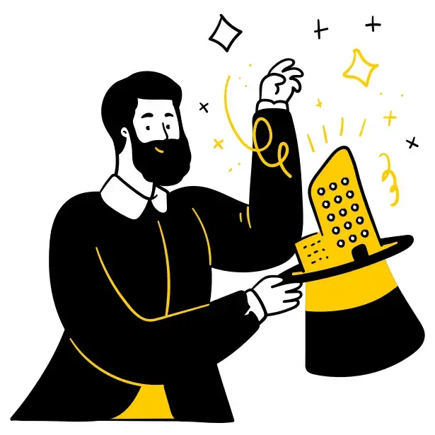 Ein Mann mit Hut hält ein Miniaturgebäude in der Hand